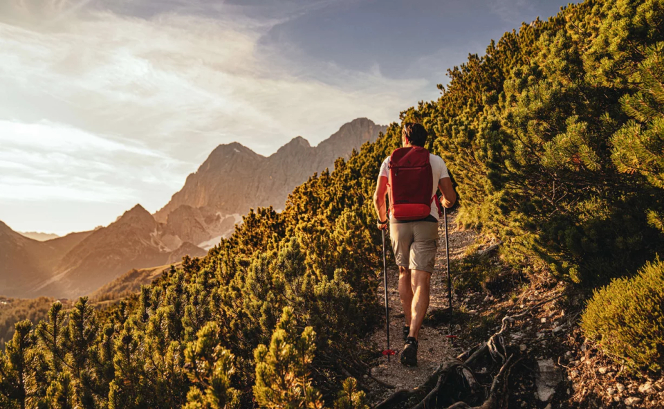Sport walking on the summer mountain